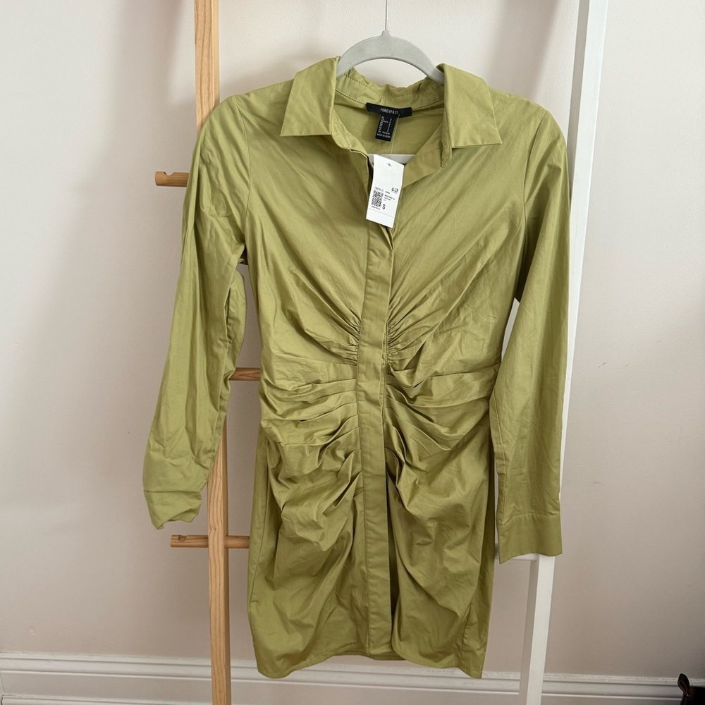 Forever 21 Light Green Ruched Shirt Dress